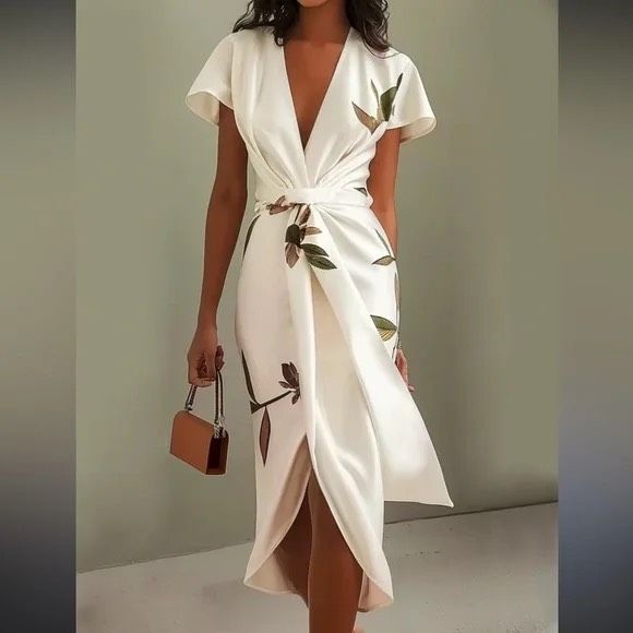 FEHAUTE White Leaf Short Sleeve Satin Wrap Sheath Midi Dress SZ 6 - Picture 1 of 11